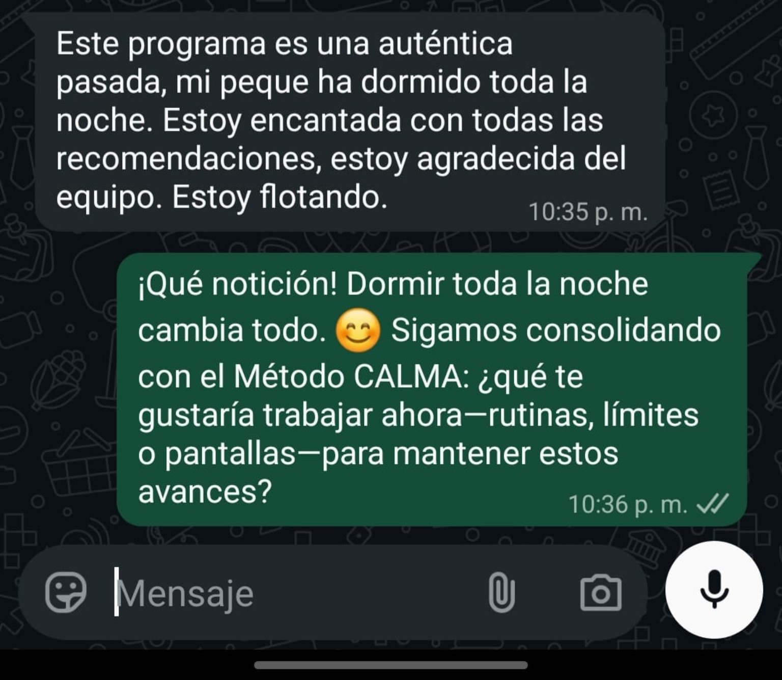Mensaje de una familia sobre avances en el sueño